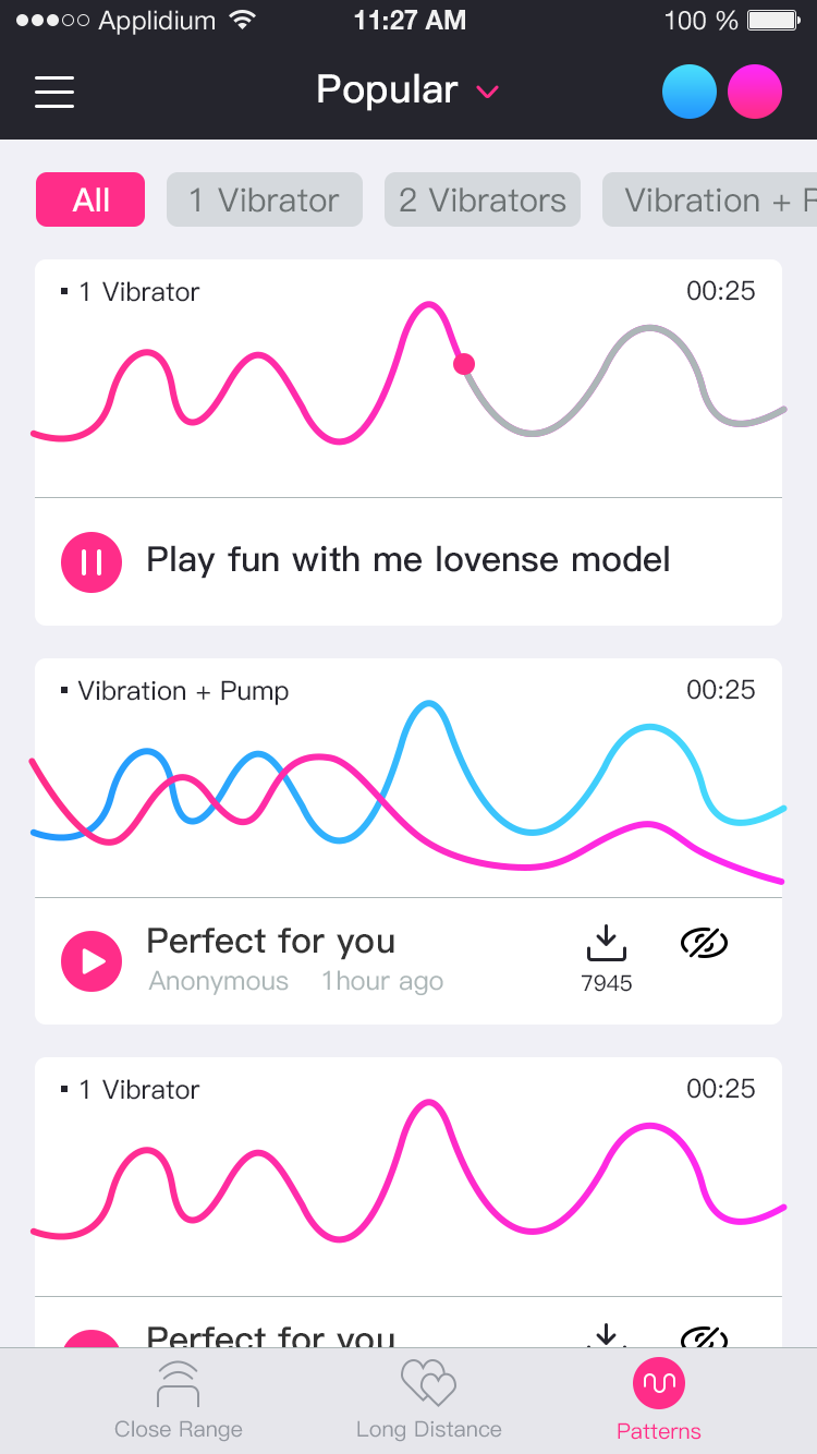 Captura de tela do aplicativo Lovense Remote create unlimited patterns.