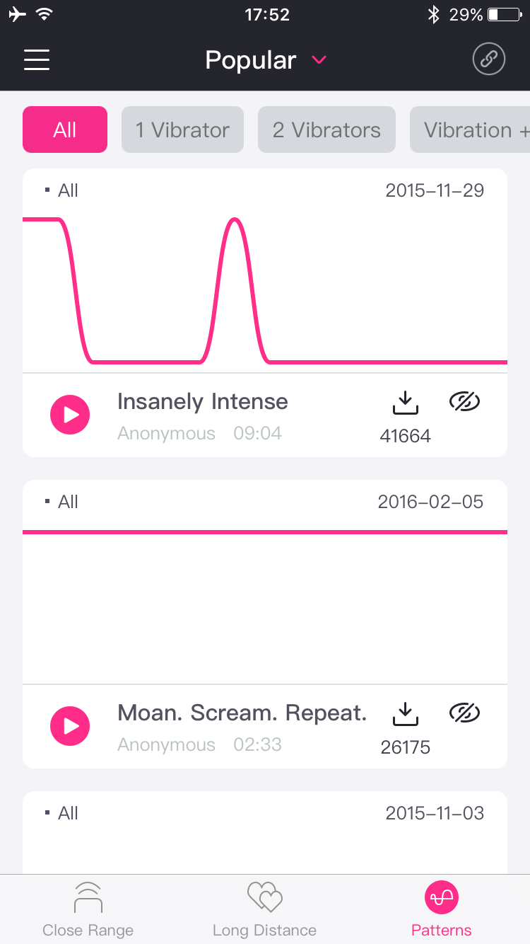 Captura de tela do aplicativo Lovense Remote: Padrões de programação ilimitados.